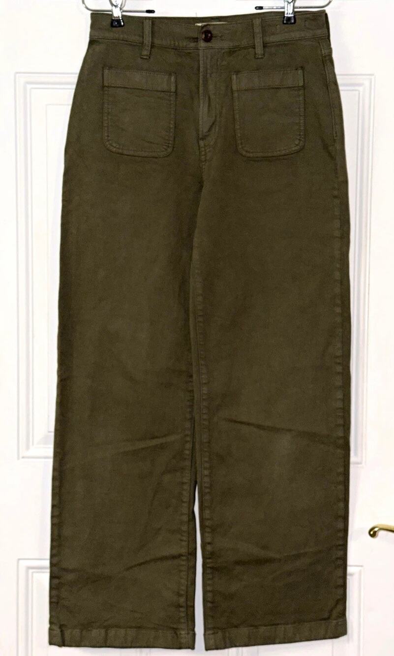 Madewell 27 The Emmett Wide-Leg Pants Green Cotton Twill Pockets Button Zip NWOT